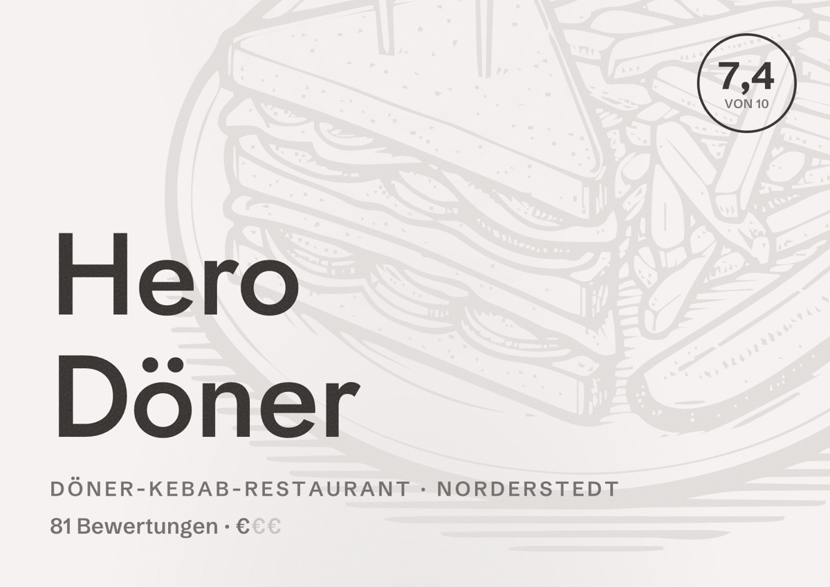Illustriertes Poster von Hero Döner, Döner-Kebab-Restaurant in Norderstedt: Bewertung 7,4 von 10 aus 81 Bewertungen, Preisniveau €