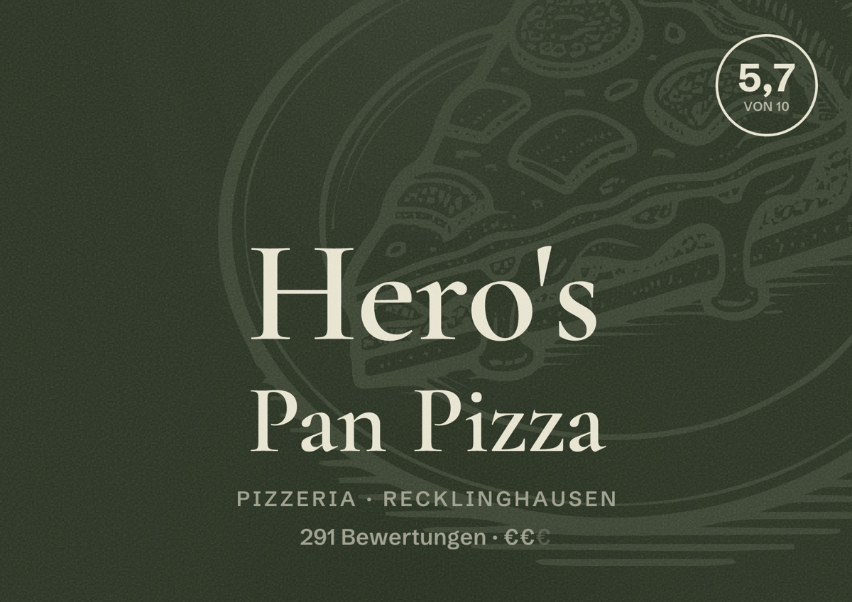 Illustriertes Poster von Hero's Pan Pizza, Pizzeria in Recklinghausen: Bewertung 5,7 von 10 aus 291 Bewertungen, Preisniveau €€