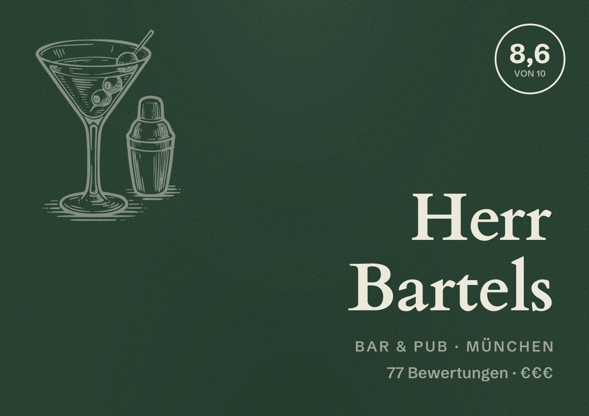 Illustriertes Poster von Herr Bartels, Bar & Pub in München: Bewertung 8,6 von 10 aus 77 Bewertungen, Preisniveau €€€