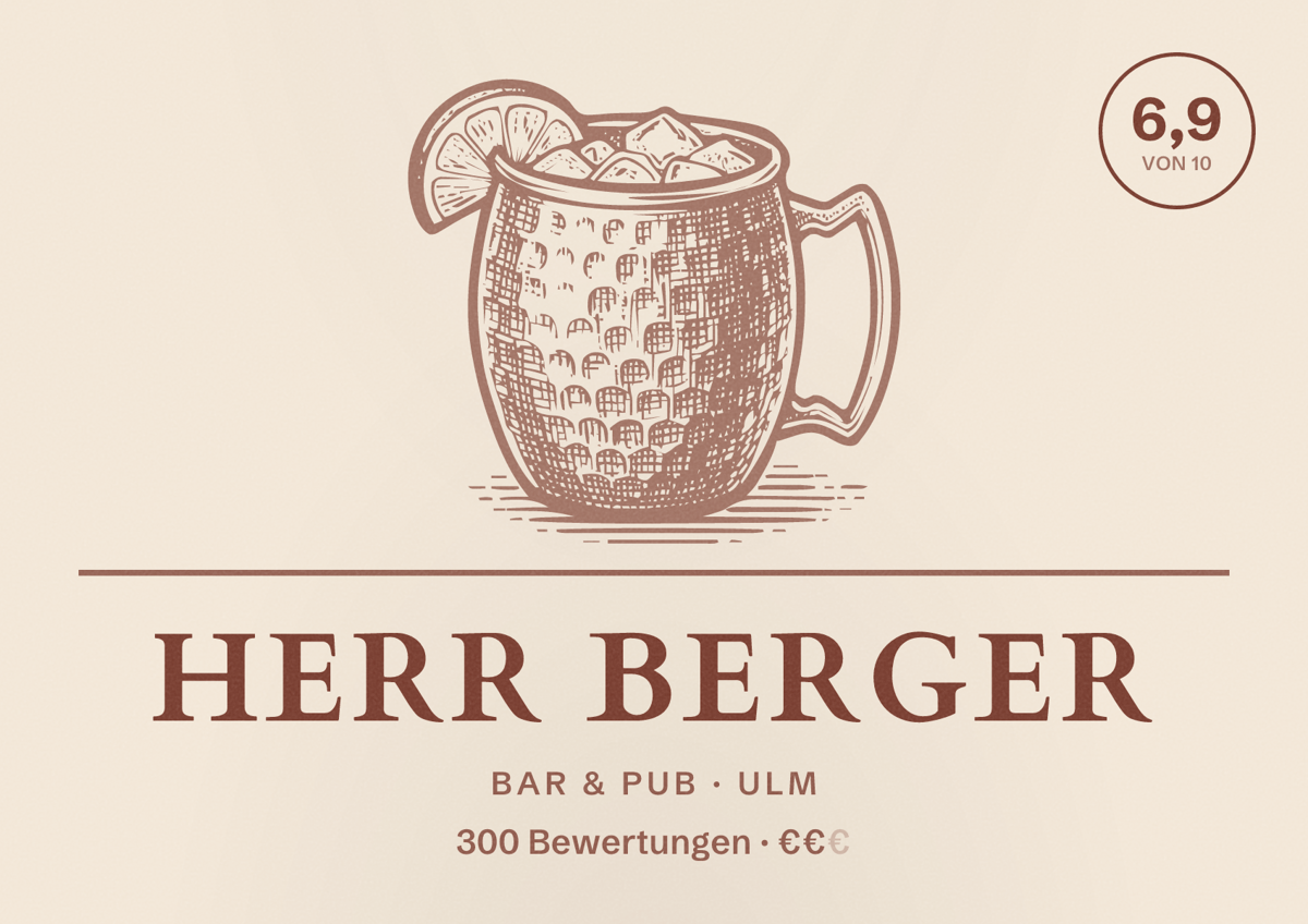 Illustriertes Poster von Herr Berger, Bar & Pub in Ulm: Bewertung 6,9 von 10 aus 300 Bewertungen, Preisniveau €€