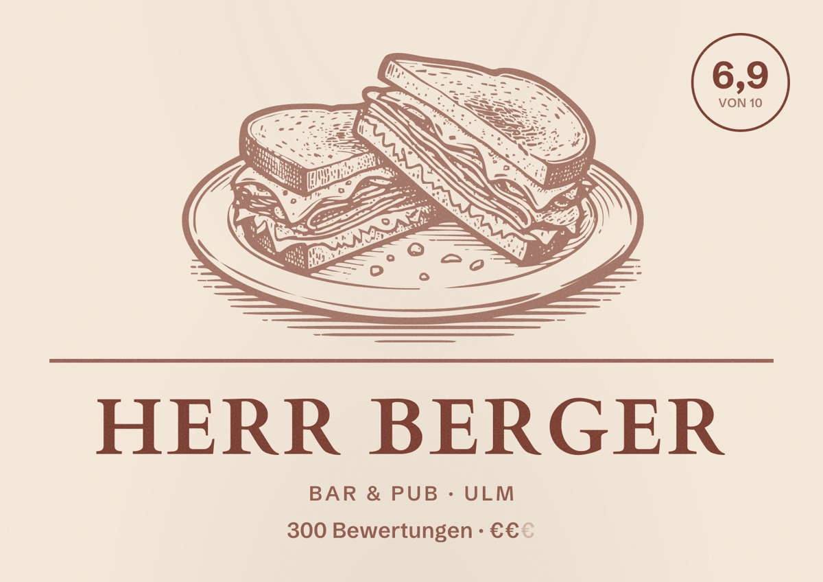 Illustriertes Poster von Herr Berger, Bar & Pub in Ulm: Bewertung 6,9 von 10 aus 300 Bewertungen, Preisniveau €€