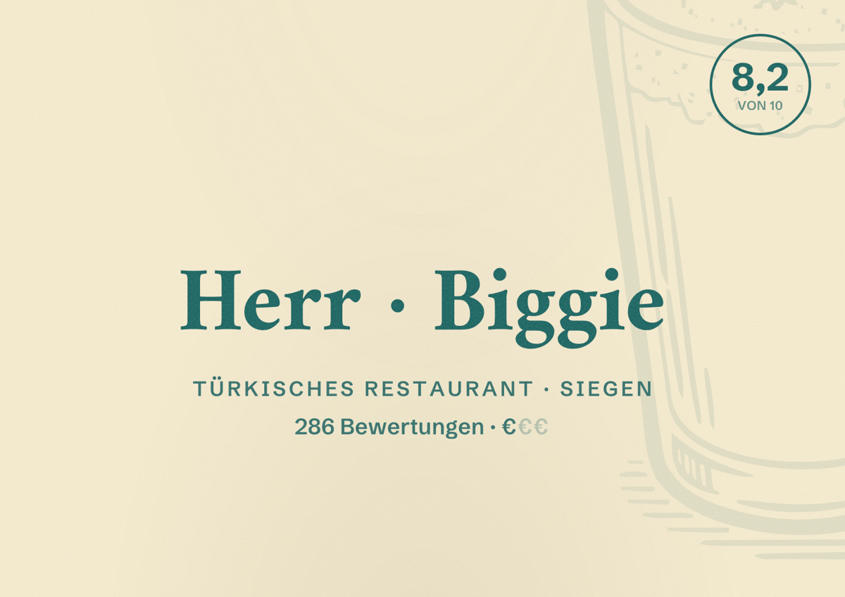 Illustriertes Poster von Herr Biggie, Türkisches Restaurant in Siegen: Bewertung 8,2 von 10 aus 286 Bewertungen, Preisniveau €