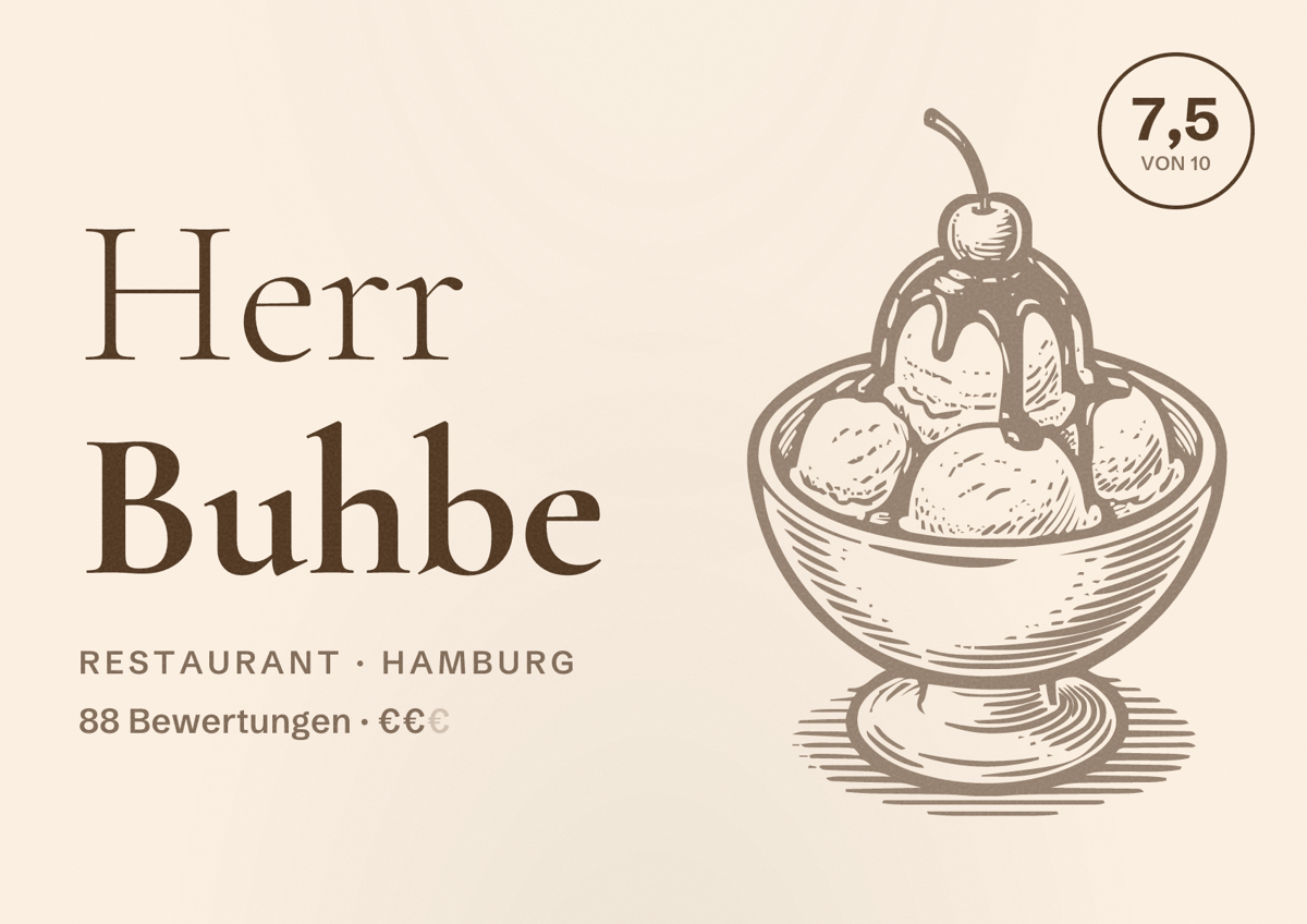 Illustriertes Poster von Herr Buhbe, Restaurant in Hamburg: Bewertung 7,5 von 10 aus 88 Bewertungen, Preisniveau €€