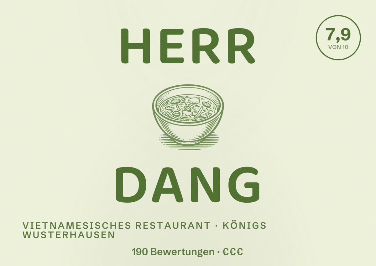 Illustriertes Poster von Herr Dang, Vietnamesisches Restaurant in Königs Wusterhausen: Bewertung 7,9 von 10 aus 190 Bewertungen, Preisniveau €€€