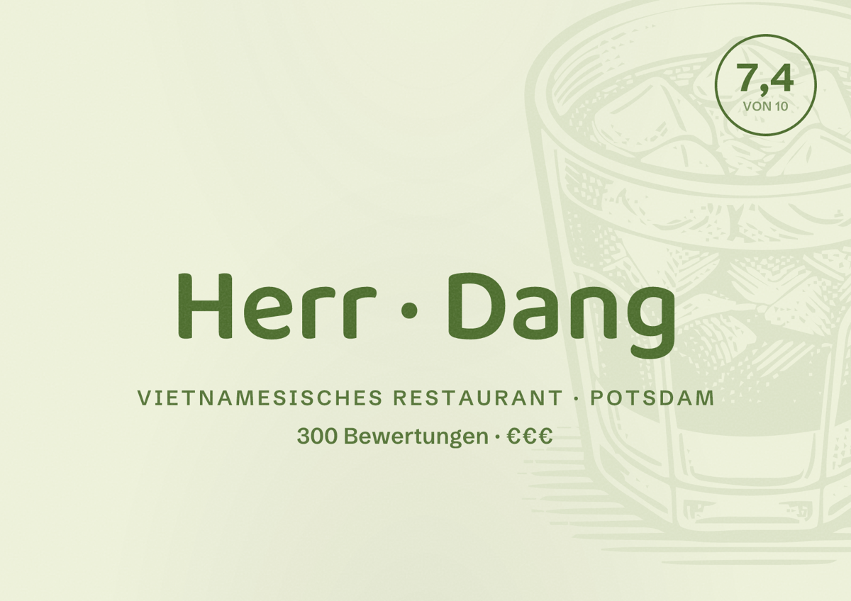 Illustriertes Poster von Herr Dang, Vietnamesisches Restaurant in Potsdam: Bewertung 7,4 von 10 aus 300 Bewertungen, Preisniveau €€€