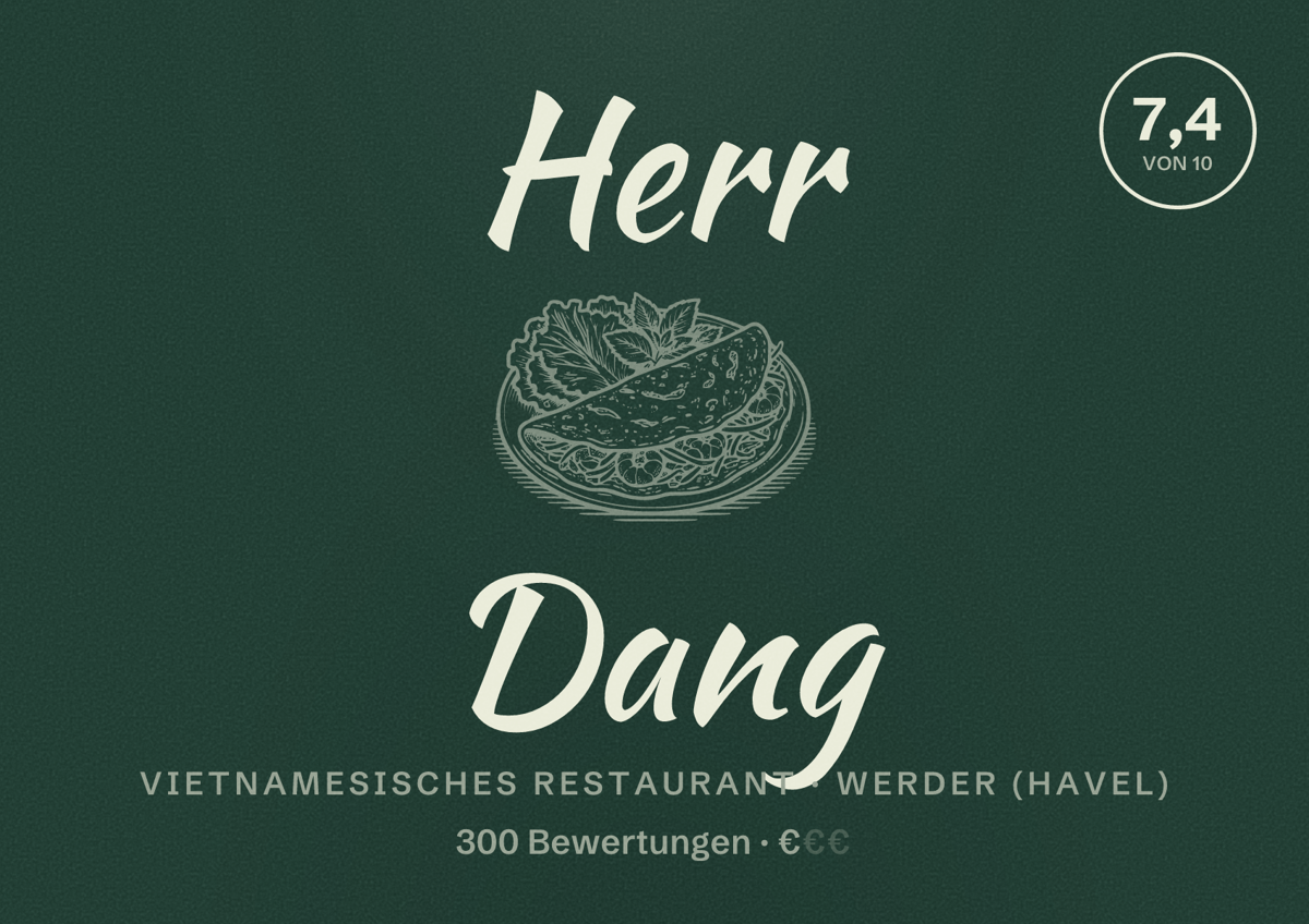 Illustriertes Poster von Herr Dang, Vietnamesisches Restaurant in Werder (Havel): Bewertung 7,4 von 10 aus 300 Bewertungen, Preisniveau €