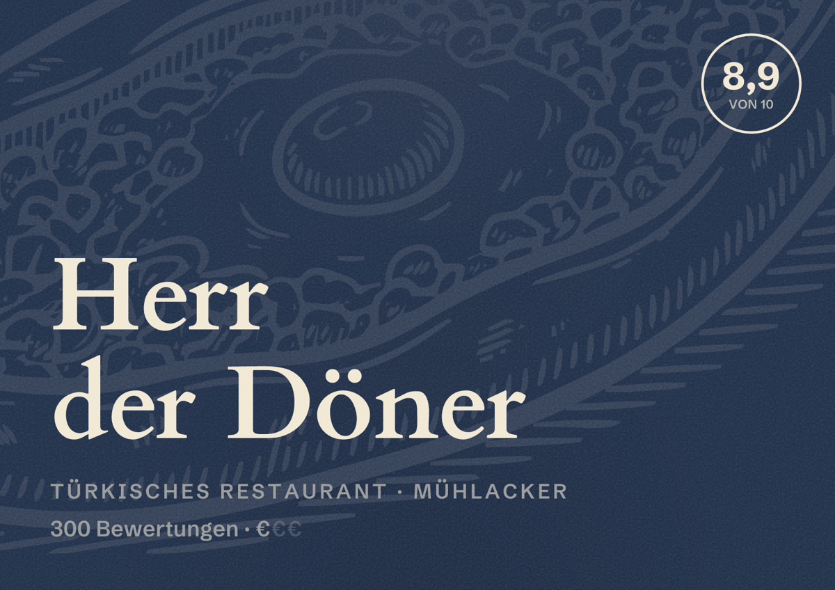 Illustriertes Poster von Herr der Döner, Türkisches Restaurant in Mühlacker: Bewertung 8,9 von 10 aus 300 Bewertungen, Preisniveau €