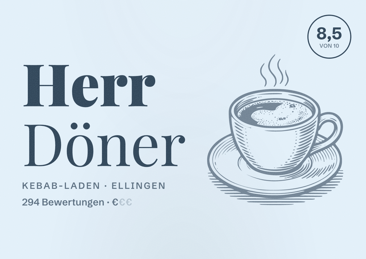 Illustriertes Poster von Herr Döner, Kebab-Laden in Ellingen: Bewertung 8,5 von 10 aus 294 Bewertungen, Preisniveau €