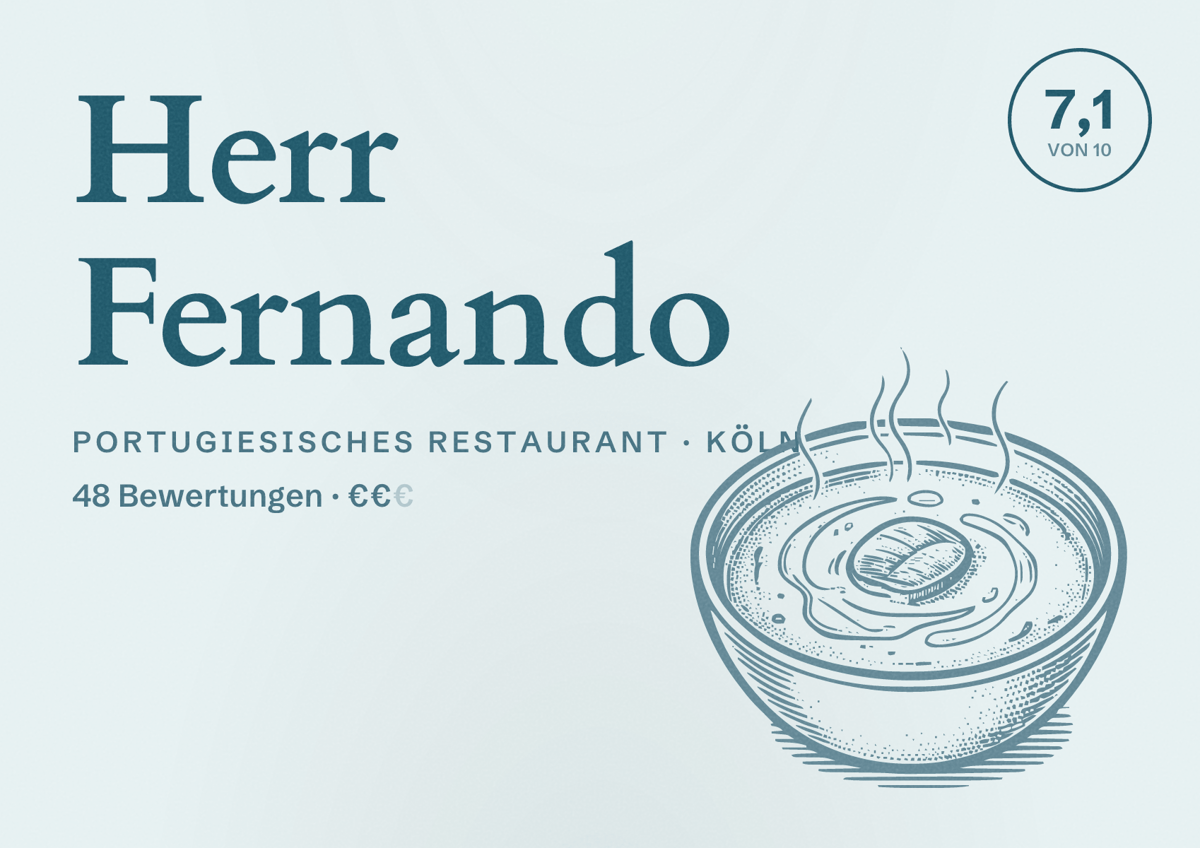 Illustriertes Poster von Herr Fernando, Portugiesisches Restaurant in Köln: Bewertung 7,1 von 10 aus 48 Bewertungen, Preisniveau €€