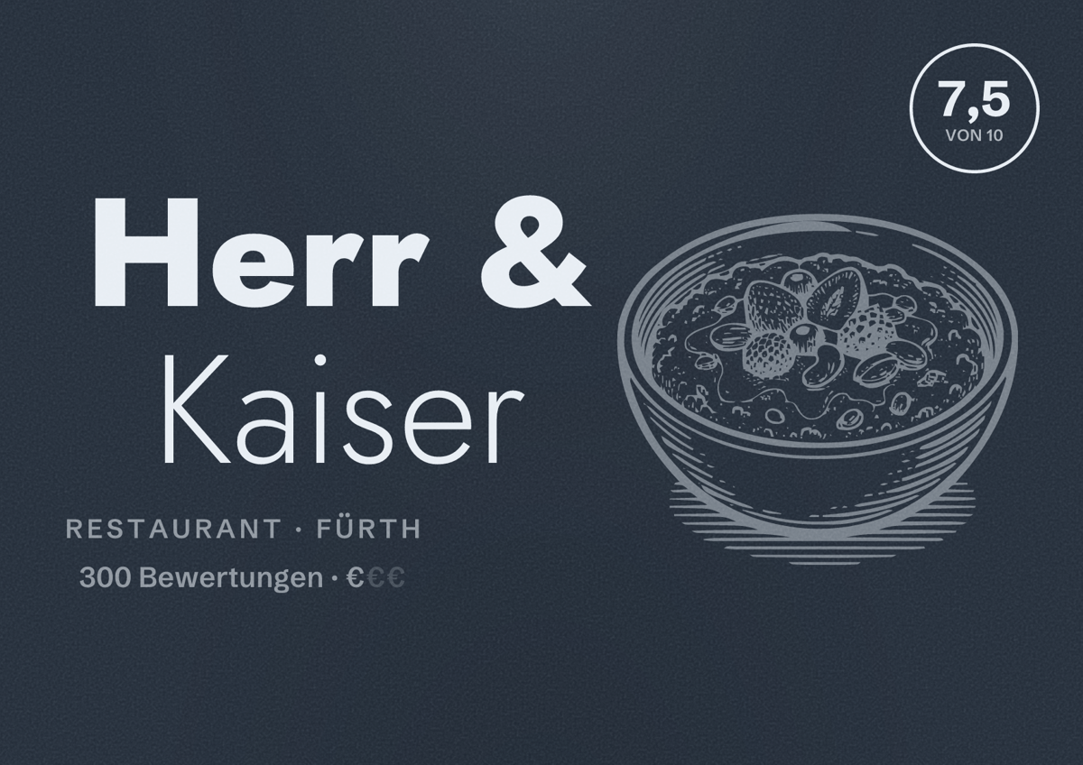 Illustriertes Poster von Herr & Kaiser, Restaurant in Fürth: Bewertung 7,5 von 10 aus 300 Bewertungen, Preisniveau €