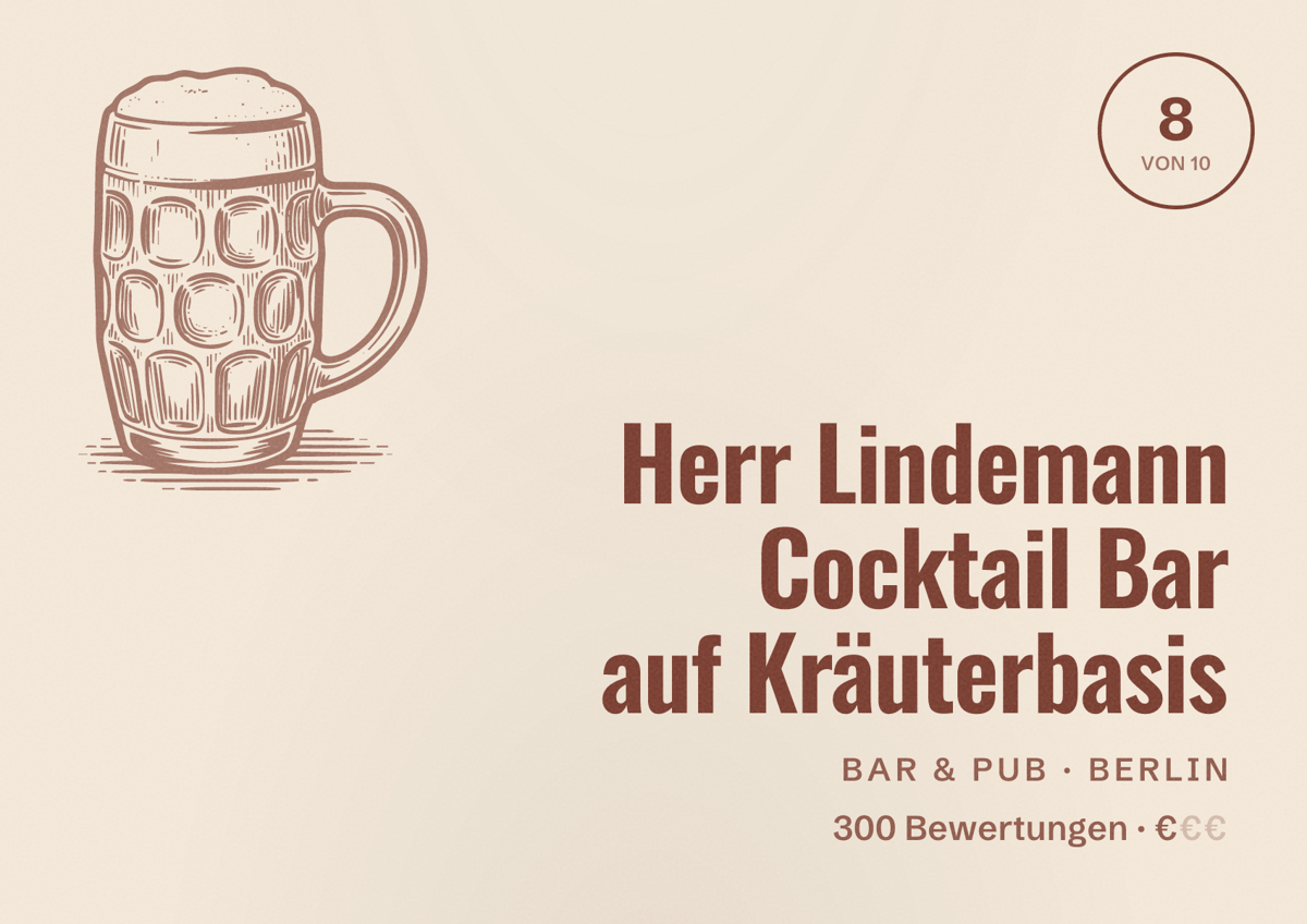 Illustriertes Poster von Herr Lindemann Cocktail Bar auf Kräuterbasis, Bar & Pub in Berlin: Bewertung 8,0 von 10 aus 300 Bewertungen, Preisniveau €