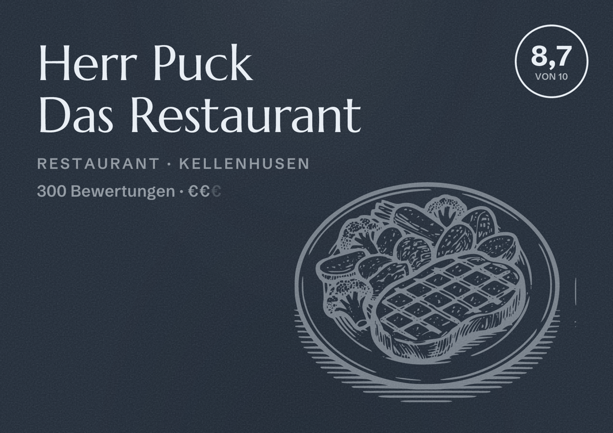 Illustriertes Poster von Herr Puck Das Restaurant, Restaurant in Kellenhusen: Bewertung 8,7 von 10 aus 300 Bewertungen, Preisniveau €€