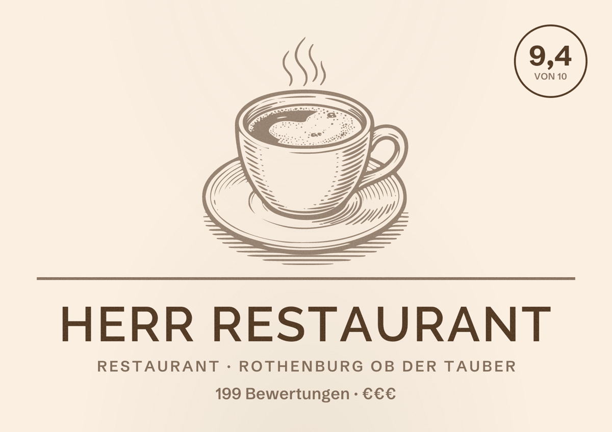Illustriertes Poster von HerR Restaurant, Restaurant in Rothenburg ob der Tauber: Bewertung 9,4 von 10 aus 199 Bewertungen, Preisniveau €€€