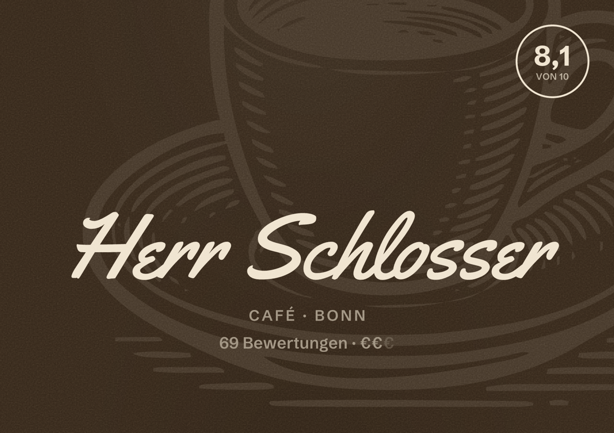 Illustriertes Poster von Herr Schlosser, Café in Bonn: Bewertung 8,1 von 10 aus 69 Bewertungen, Preisniveau €€