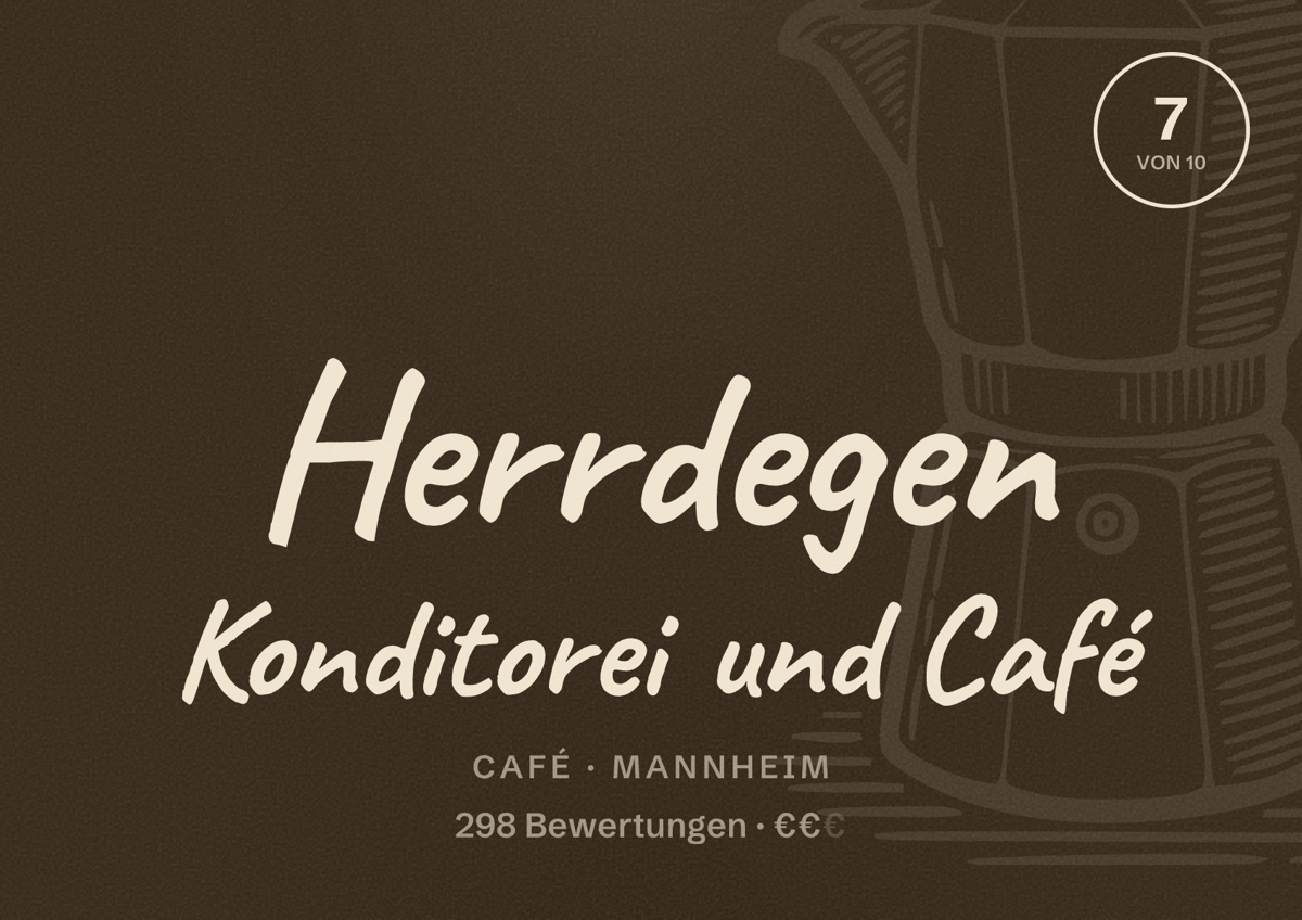 Illustriertes Poster von Herrdegen Konditorei und Café, Café in Mannheim: Bewertung 7 von 10 aus 298 Bewertungen, Preisniveau €€