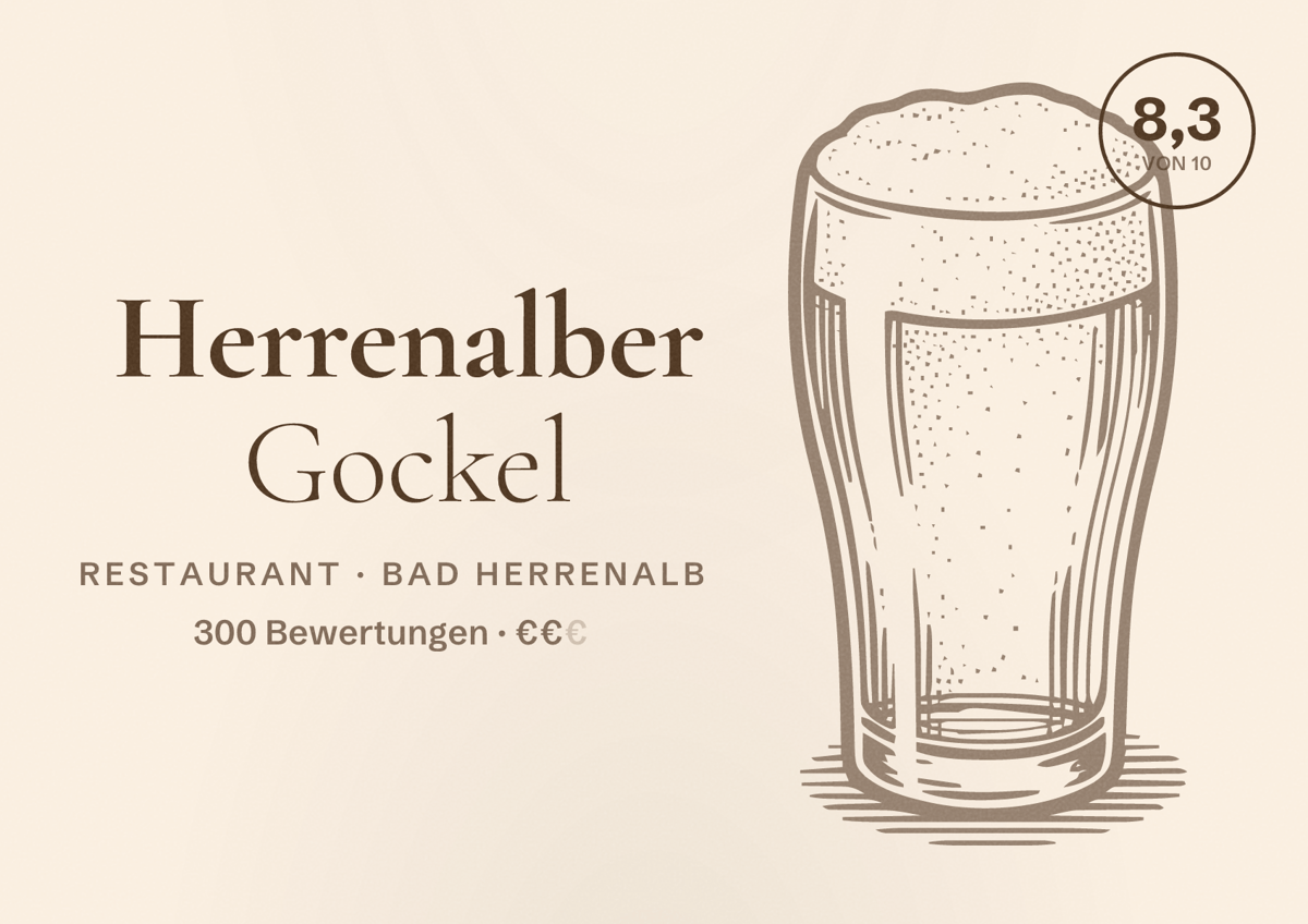 Illustriertes Poster von Herrenalber Gockel, Restaurant in Bad Herrenalb: Bewertung 8,3 von 10 aus 300 Bewertungen, Preisniveau €€