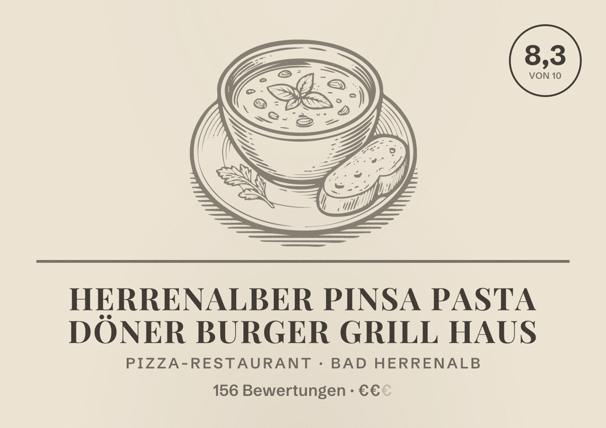 Illustriertes Poster von Herrenalber Pinsa Pasta Döner Burger Grill Haus, Pizza-Restaurant in Bad Herrenalb: Bewertung 8,3 von 10 aus 156 Bewertungen, Preisniveau €€