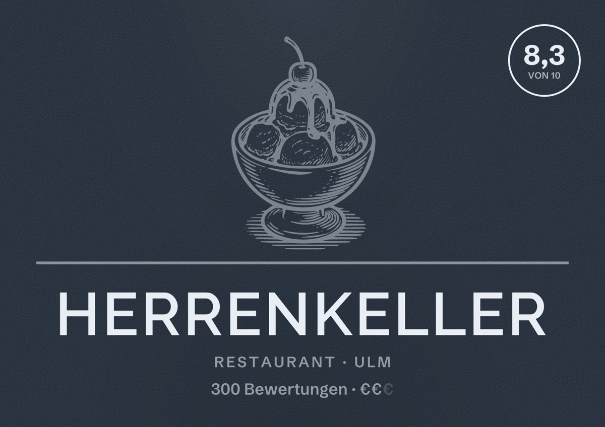 Illustriertes Poster von Herrenkeller, Restaurant in Ulm: Bewertung 8,3 von 10 aus 300 Bewertungen, Preisniveau €€