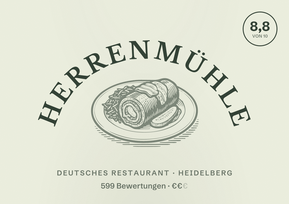 Illustriertes Poster von Herrenmühle, Deutsches Restaurant in Heidelberg: Bewertung 8,8 von 10 aus 599 Bewertungen, Preisniveau €€