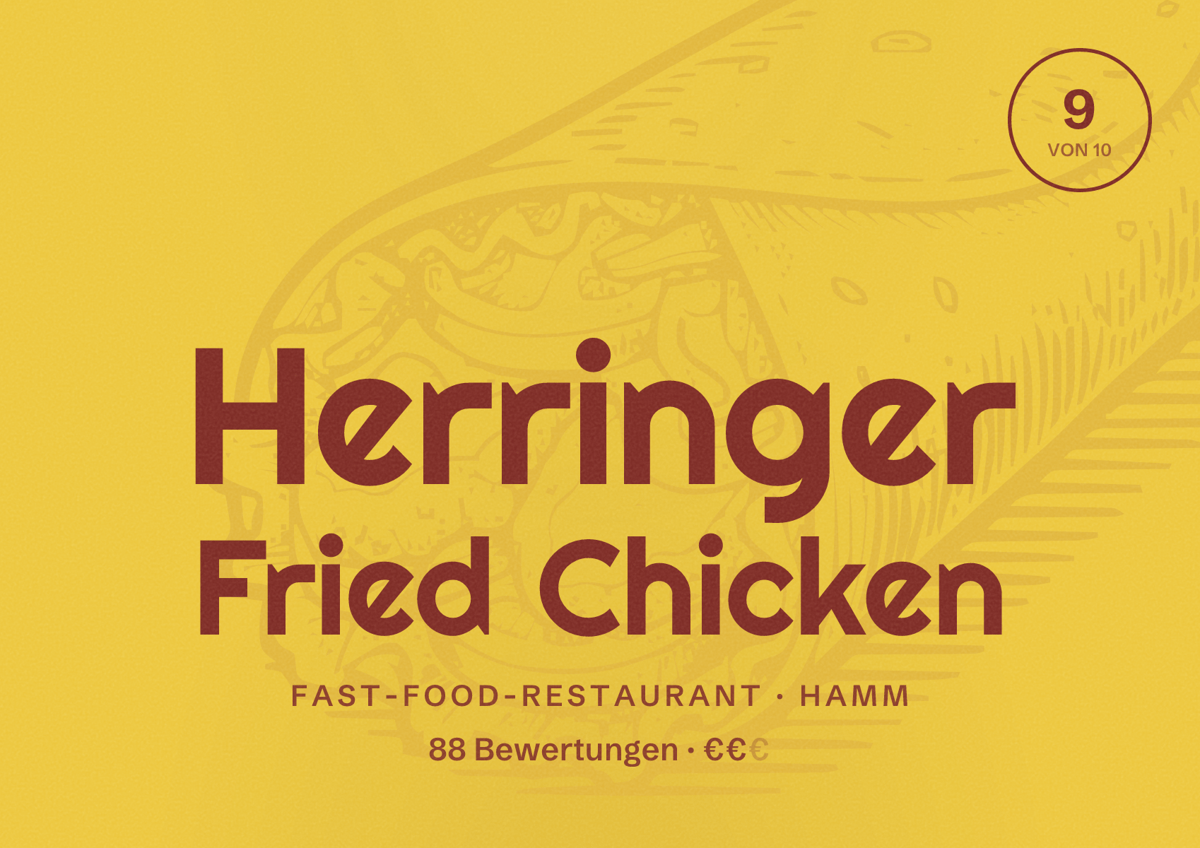 Illustriertes Poster von Herringer Fried Chicken, Fast-Food-Restaurant in Hamm: Bewertung 9 von 10 aus 88 Bewertungen, Preisniveau €€