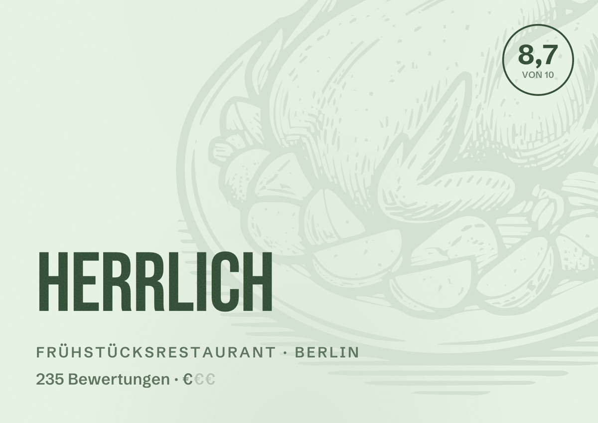 Illustriertes Poster von Herrlich, Frühstücksrestaurant in Berlin: Bewertung 8,7 von 10 aus 235 Bewertungen, Preisniveau €