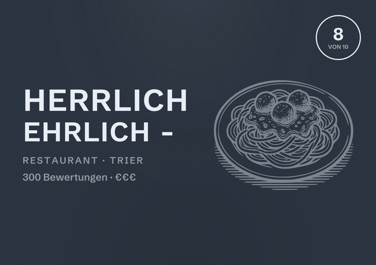 Illustriertes Poster von Herrlich Ehrlich -, Restaurant in Trier: Bewertung 8 von 10 aus 300 Bewertungen, Preisniveau €€€