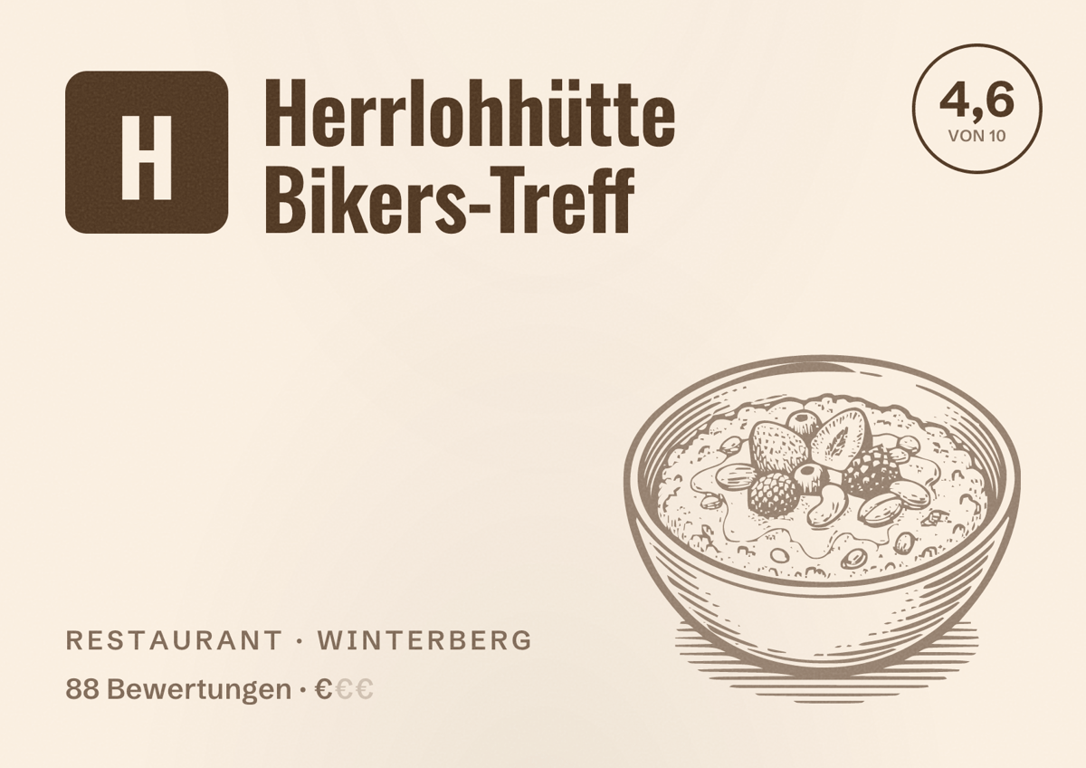 Illustriertes Poster von Herrlohhütte Bikers-Treff, Restaurant in Winterberg: Bewertung 4,6 von 10 aus 88 Bewertungen, Preisniveau €