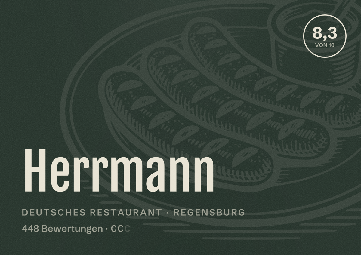 Illustriertes Poster von Herrmann, Deutsches Restaurant in Regensburg: Bewertung 8,3 von 10 aus 448 Bewertungen, Preisniveau €€