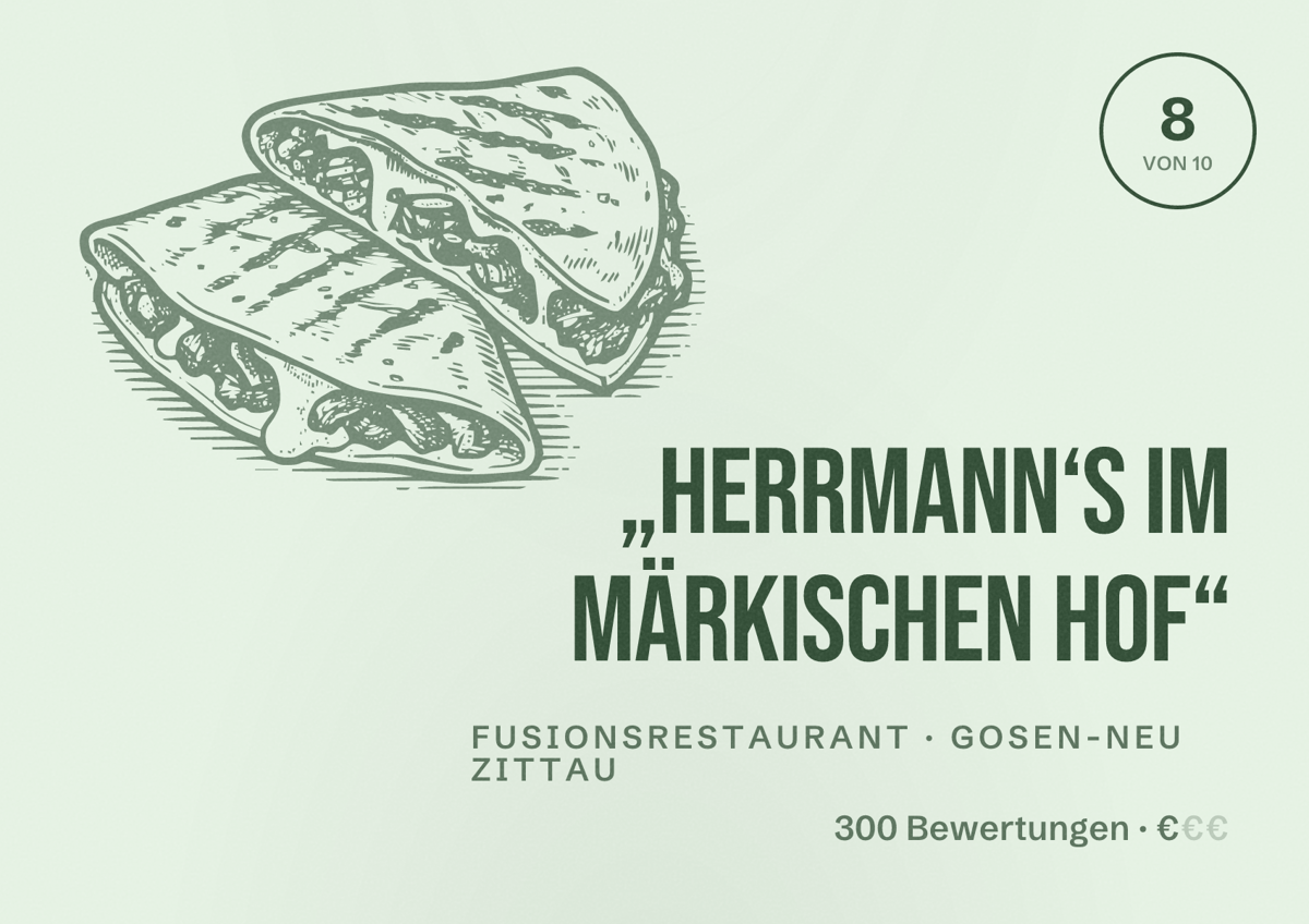Illustriertes Poster von „Herrmann‘s im Märkischen Hof“, Fusionsrestaurant in Gosen-Neu Zittau: Bewertung 8 von 10 aus 300 Bewertungen, Preisniveau €