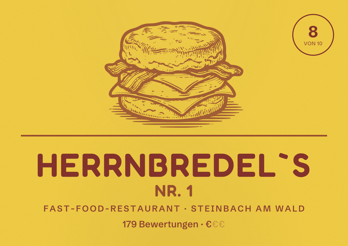 Illustriertes Poster von Herrnbredel`s Nr. 1, Fast-Food-Restaurant in Steinbach am Wald: Bewertung 8 von 10 aus 179 Bewertungen, Preisniveau €