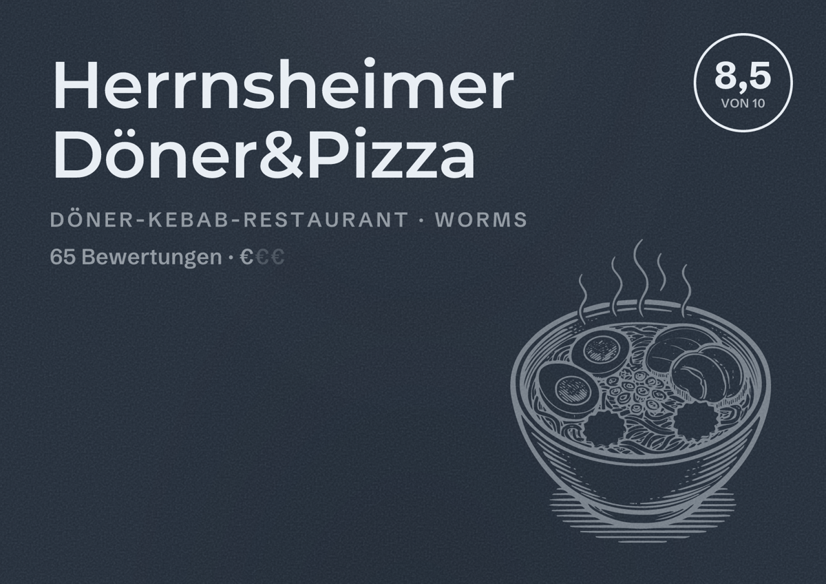 Illustriertes Poster von Herrnsheimer Döner&Pizza, Döner-Kebab-Restaurant in Worms: Bewertung 8,5 von 10 aus 65 Bewertungen, Preisniveau €