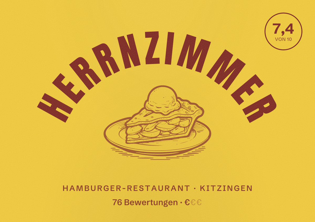 Illustriertes Poster von Herrnzimmer, Hamburger-Restaurant in Kitzingen: Bewertung 7,4 von 10 aus 76 Bewertungen, Preisniveau €