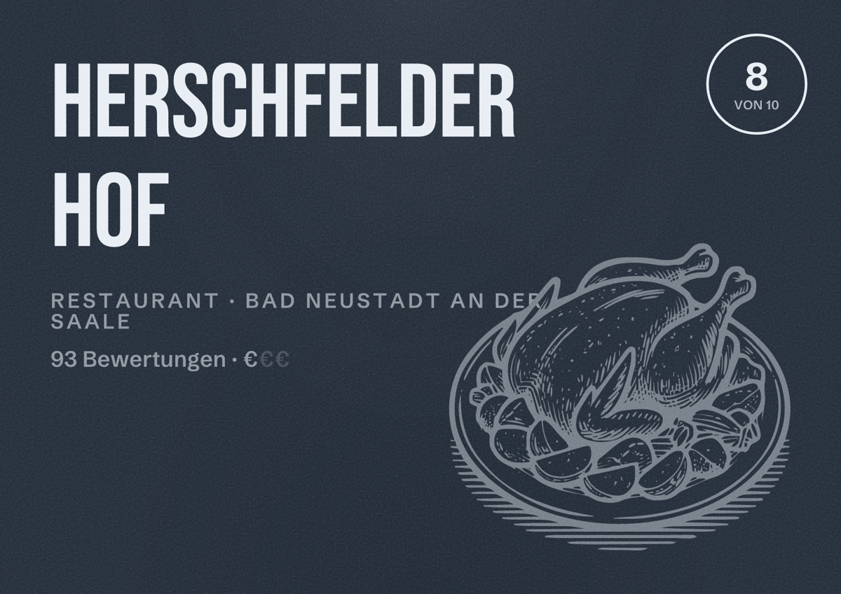 Illustriertes Poster von Herschfelder Hof, Restaurant in Bad Neustadt an der Saale: Bewertung 8 von 10 aus 93 Bewertungen, Preisniveau €