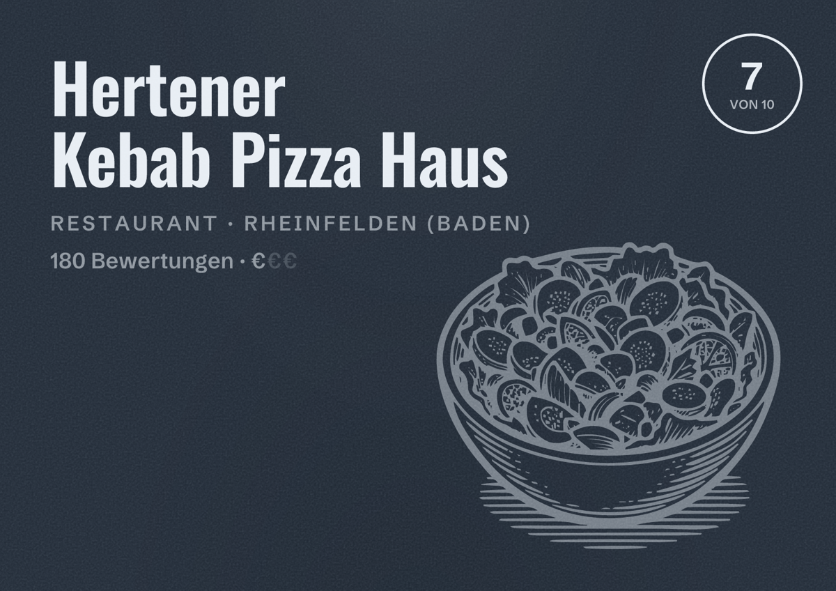 Illustriertes Poster von Hertener Kebab Pizza Haus, Restaurant in Rheinfelden (Baden): Bewertung 7 von 10 aus 180 Bewertungen, Preisniveau €