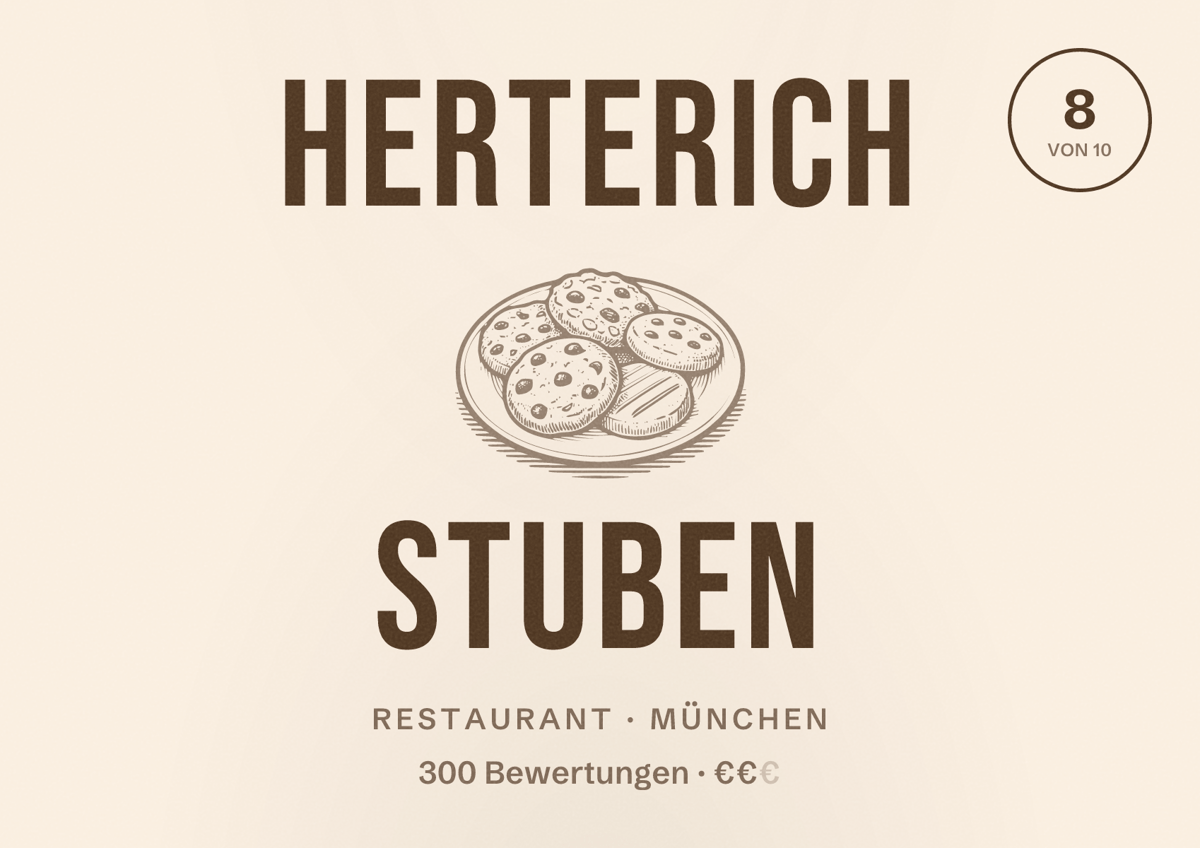 Illustriertes Poster von Herterich Stuben, Restaurant in München: Bewertung 8,0 von 10 aus 300 Bewertungen, Preisniveau €€
