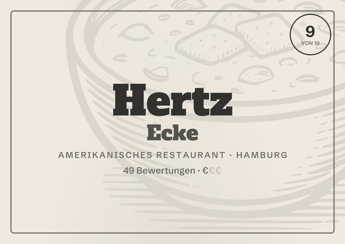 Illustriertes Poster von Hertz Ecke, Amerikanisches Restaurant in Hamburg: Bewertung 9 von 10 aus 49 Bewertungen, Preisniveau €