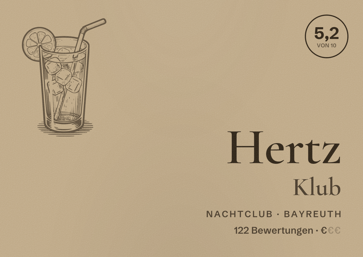 Illustriertes Poster von Hertz Klub, Nachtclub in Bayreuth: Bewertung 5,2 von 10 aus 122 Bewertungen, Preisniveau €