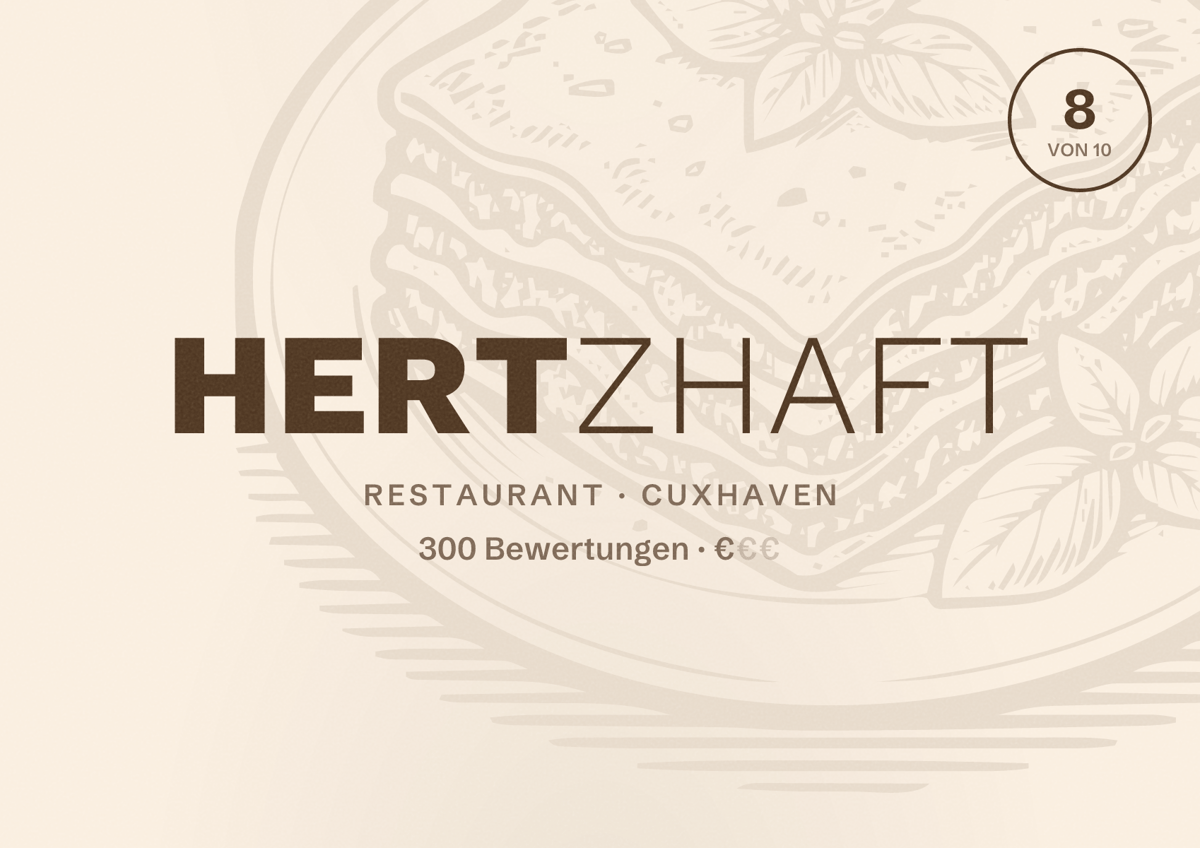 Illustriertes Poster von Hertzhaft, Restaurant in Cuxhaven: Bewertung 8 von 10 aus 300 Bewertungen, Preisniveau €