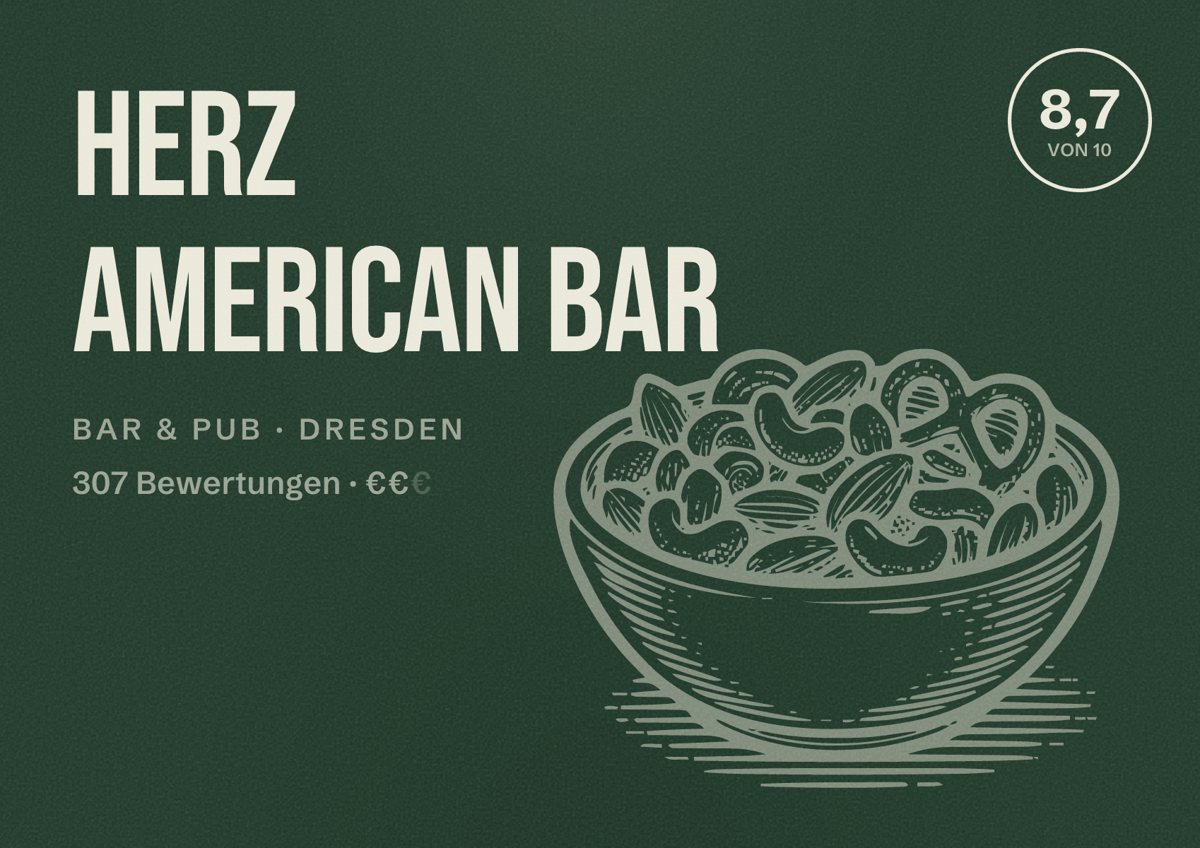 Illustriertes Poster von HERZ american bar, Bar & Pub in Dresden: Bewertung 8,7 von 10 aus 307 Bewertungen, Preisniveau €€