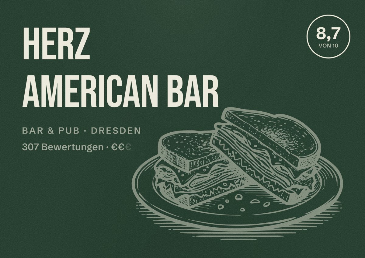 Illustriertes Poster von HERZ american bar, Bar & Pub in Dresden: Bewertung 8,7 von 10 aus 307 Bewertungen, Preisniveau €€