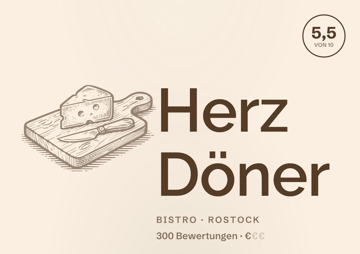 Illustriertes Poster von Herz Döner, Bistro in Rostock: Bewertung 5,5 von 10 aus 300 Bewertungen, Preisniveau €