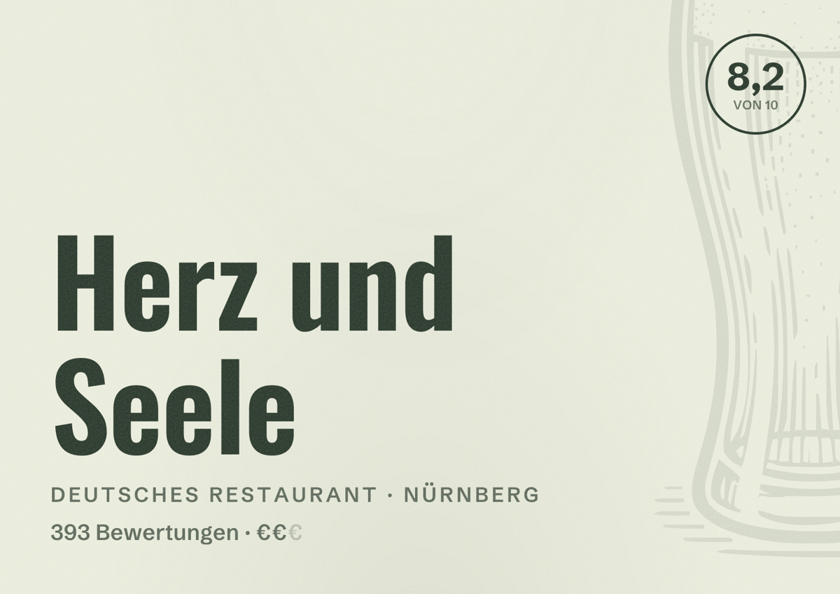 Illustriertes Poster von Herz und Seele, Deutsches Restaurant in Nürnberg: Bewertung 8,2 von 10 aus 393 Bewertungen, Preisniveau €€