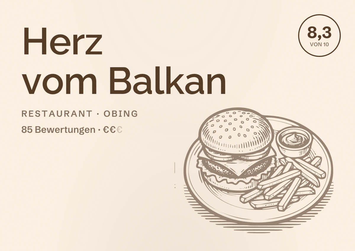 Illustriertes Poster von Herz vom Balkan, Restaurant in Obing: Bewertung 8,3 von 10 aus 85 Bewertungen, Preisniveau €€