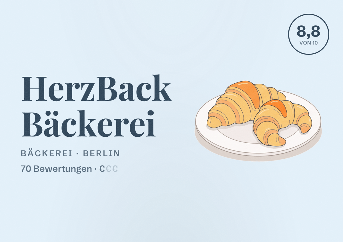 Illustriertes Poster von HerzBack Bäckerei, Bäckerei in Berlin: Bewertung 8,8 von 10 aus 70 Bewertungen, Preisniveau €
