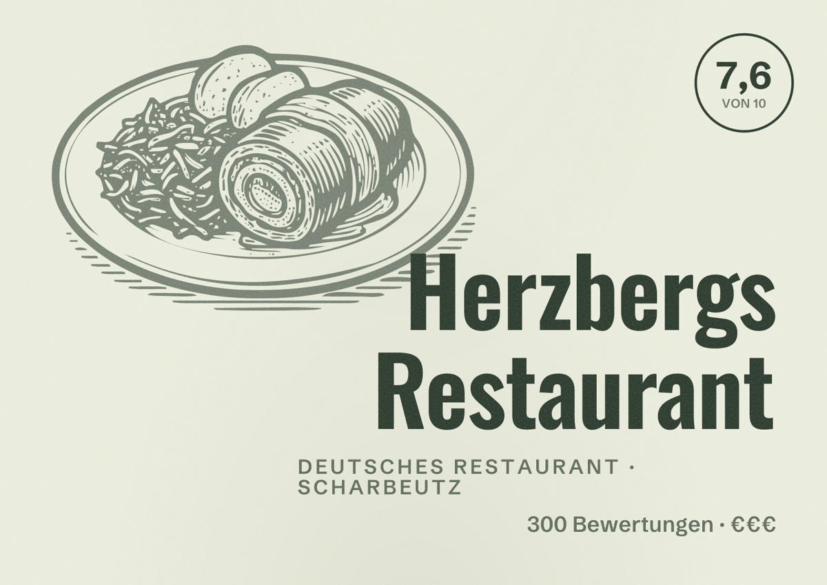 Illustriertes Poster von Herzbergs Restaurant, Deutsches Restaurant in Scharbeutz: Bewertung 7,6 von 10 aus 300 Bewertungen, Preisniveau €€€