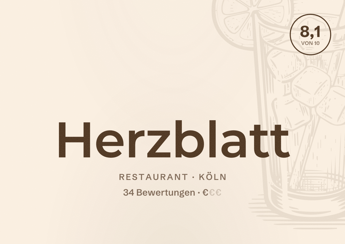 Illustriertes Poster von Herzblatt, Restaurant in Köln: Bewertung 8,1 von 10 aus 34 Bewertungen, Preisniveau €