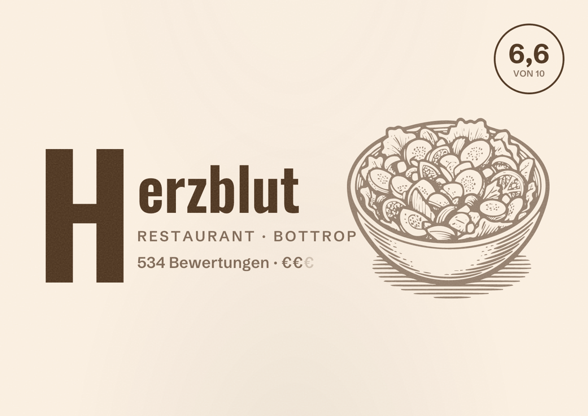 Illustriertes Poster von Herzblut, Restaurant in Bottrop: Bewertung 6,6 von 10 aus 534 Bewertungen, Preisniveau €€