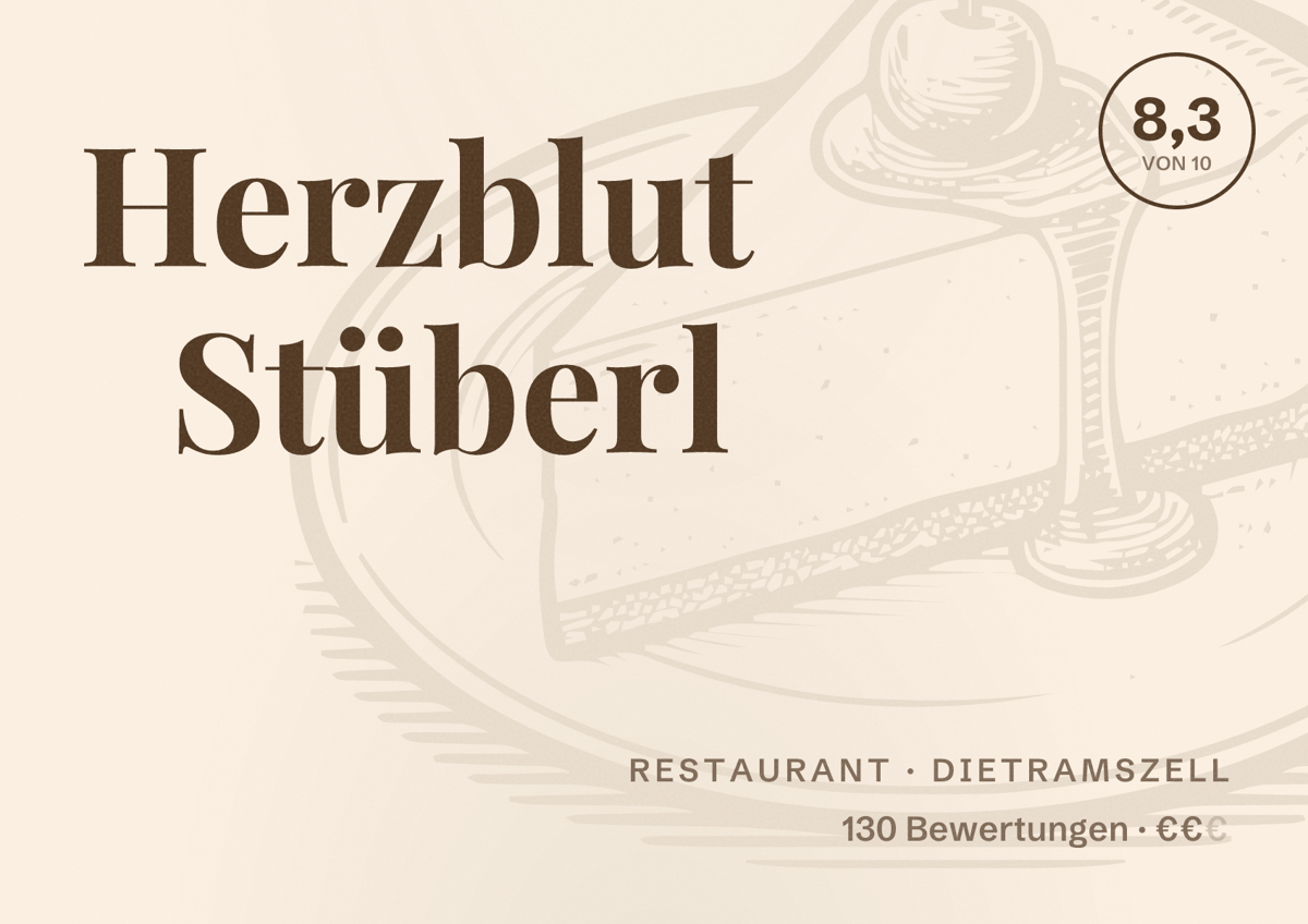 Illustriertes Poster von Herzblut Stüberl, Restaurant in Dietramszell: Bewertung 8,3 von 10 aus 130 Bewertungen, Preisniveau €€