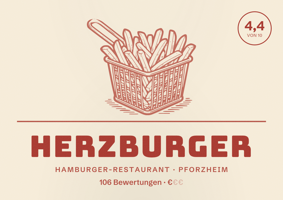 Illustriertes Poster von Herzburger, Hamburger-Restaurant in Pforzheim: Bewertung 4,4 von 10 aus 106 Bewertungen, Preisniveau €