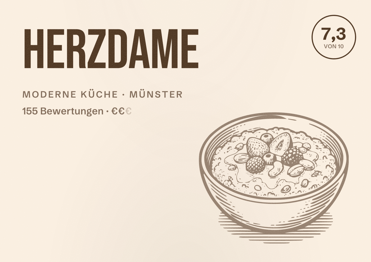 Illustriertes Poster von Herzdame, Moderne Küche in Münster: Bewertung 7,3 von 10 aus 155 Bewertungen, Preisniveau €€